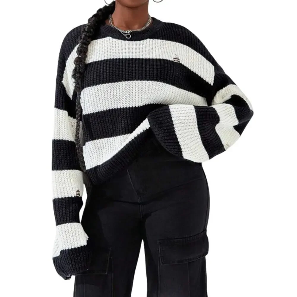 Girls Striped & Distressed Sweater in Black/White, Size 16Y